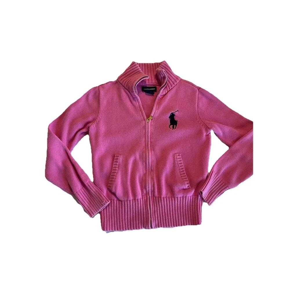 Ralph Lauren Girls Pink Full Zip Sweater Size M Rib Knit Collar Preppy